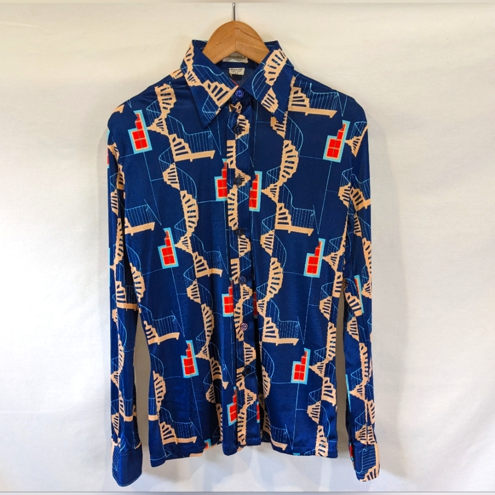 Vintage Boboli Dagger Collar Printed 70s Style Button Down Shirt Size M/L